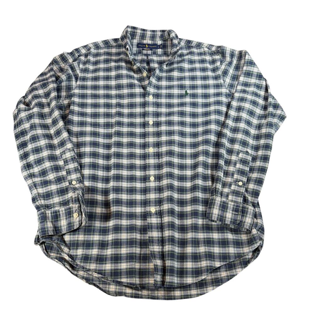 VTG Ralph Lauren mens blue green plaid button down. Size L. office, preppy